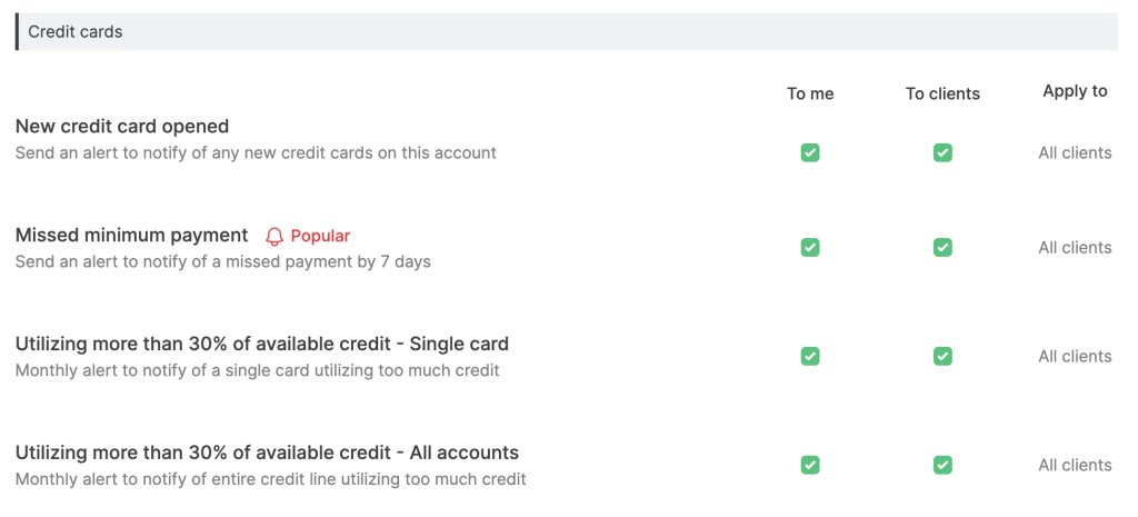 Notifications to improve client's credit score