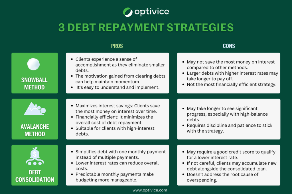 3 Biggest Debt Repayment Strategies pros and cons Infographic